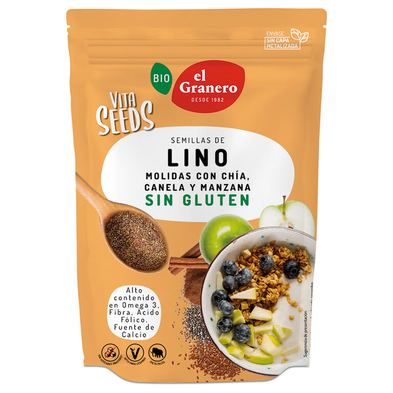 Vitaseeds Lino, Chía, Manzana y Canela BIO El Granero Integral 200 g | Fibra Digestiva y Desayuno Saludable