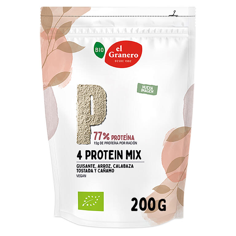 4 Protein Mix BIO El Granero Integral 200 g | Proteína Vegetal Completa Guisante, Arroz, Calabaza y Cáñamo