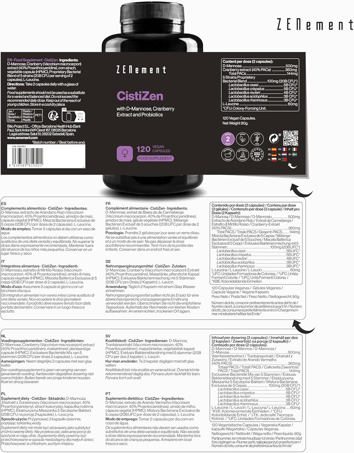 Cistizen Íntima Zenement con D-Manosa y Arándano Rojo | 5 Probióticos | 120 Cápsulas Veganas