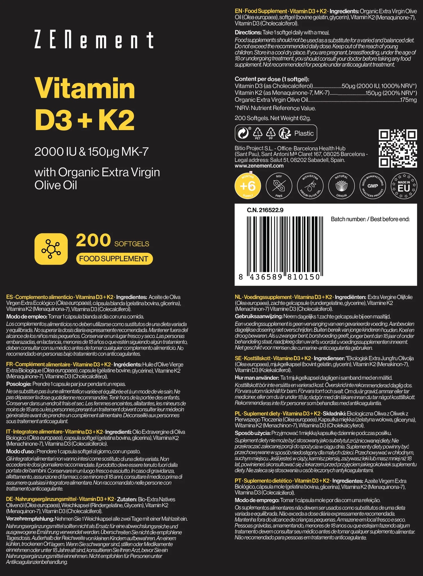 Vitamina D3 + K2 natural (2000 UI + 150 mcg MK-7) con Aceite de Oliva Virgen Extra | Huesos, defensas y equilibrio mineral