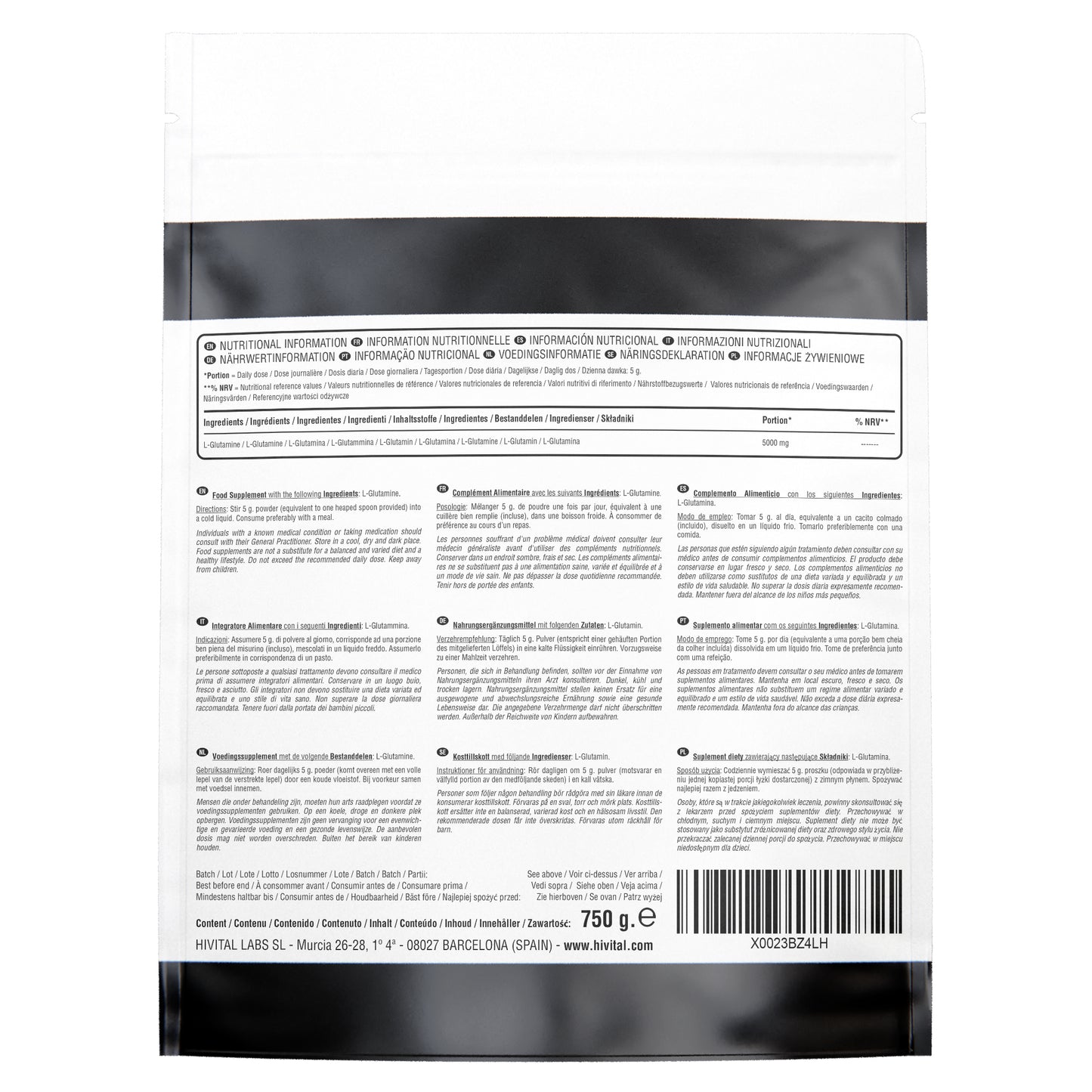 L-Glutamina 5000 mg | 750 g Polvo Vegano | Recuperación Muscular, Intestino y Energía