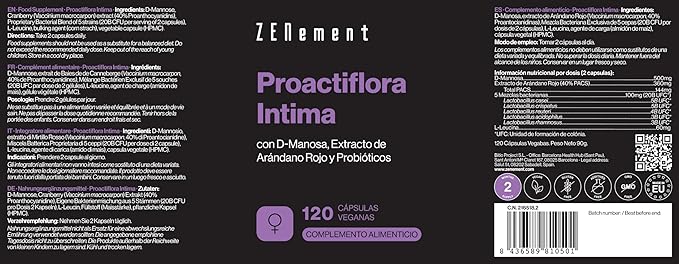 Proactiflora Íntima Zenement con D-Manosa y Arándano Rojo | 5 Probióticos | 120 Cápsulas Veganas